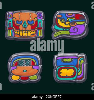 Civiltà Maya azteca: Akbal, Face, Glyph Maya, geroglifici del calendario Maya. Simboli di pietra colorata per i giochi 2D o slot Illustrazione Vettoriale