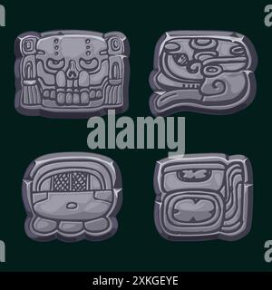 Civiltà Maya azteca: Akbal, Face, Glyph Maya, geroglifici del calendario Maya. Simboli di pietra per i giochi 2D o slot Illustrazione Vettoriale