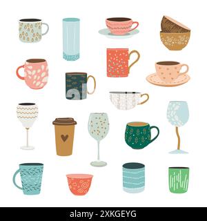 Set di tazze, tazze e bicchieri disegnati a mano. Illustrazione Vettoriale