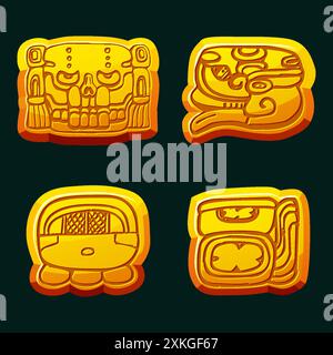 Civiltà Maya azteca: Akbal, Face, Glyph Maya, geroglifici del calendario Maya. Simboli dorati per i giochi 2D o slot Illustrazione Vettoriale
