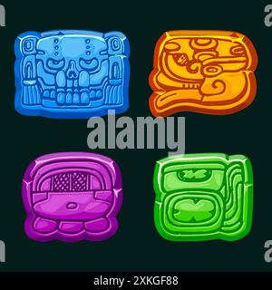 Civiltà Maya azteca: Akbal, Face, Glyph Maya, geroglifici del calendario Maya. Simboli di pietra per i giochi 2D o slot Illustrazione Vettoriale