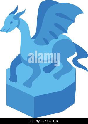 Scultura di creatura mitica blu che si erge maestosamente su un piedistallo esagonale Illustrazione Vettoriale