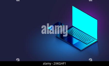 Computer portatile, telefono sulla scrivania al buio con schermo luminoso vuoto. Laptop Isometric Vector mockup, smartphone sul tavolo. Telefono cellulare, computer notebook mock-up Illustrazione Vettoriale