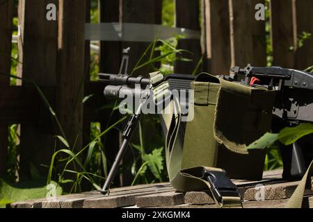 mitragliatrice airsoft parzialmente su sfondo verde e una coccinella sullo sfondo Foto Stock