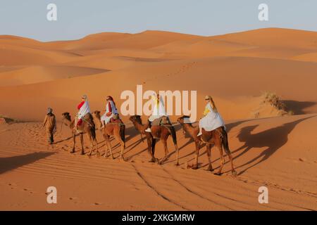 Un gruppo di donne messicane si divertono a fare un giro in cammello nel deserto di merzouga in Marocco Foto Stock