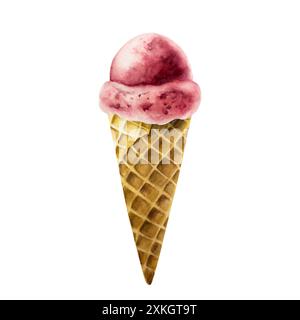 Un cucchiaio di gelato di fragole, ciliegie e lamponi in un cono croccante per waffle. Pittura a mano dolce illustrazione ad acquerello isolata sullo sfondo. Per Foto Stock