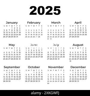 Calendario per il 2025. Modello di calendario trimestrale per l'anno 2025. Griglia a calendario da parete in stile minimalista. La settimana inizia lunedì. Calendario 2025. Illustrazione Vettoriale