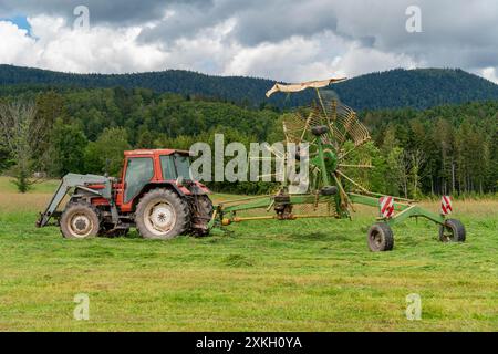 Trattore e tedder su un prato visto in Francia Foto Stock