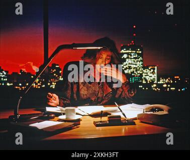 Affari e professioni. Executive. Donna nel moderno ufficio cittadino che lavora fino a tardi. Foto Stock