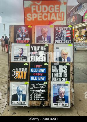 Ocean City, Stati Uniti. 12 luglio 2024. Le T-shirt Elect Donald Trump sono un articolo popolare venduto nei negozi turistici e nei negozi di novità durante le vacanze estive a Ocean City, Maryland, il 12 luglio 2024. (Foto di Robyn Stevens Brody/Sipa USA) credito: SIPA USA/Alamy Live News Foto Stock