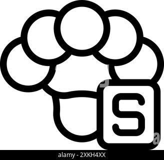 Icona in bianco e nero di un atomo di zolfo, rappresentato dal suo nucleo e dai suoi elettroni, con la lettera S per il suo simbolo e il numero 16 per il suo numero atomico Illustrazione Vettoriale