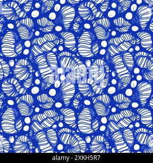 Motivo a conchiglia blu azzurro bianco con sfondo batik senza cuciture in lino, moderno cottage costiero sulla spiaggia rustico stampa a conchiglia design a motivi per la casa Foto Stock