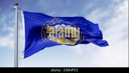 Bandiera dello stato del Nebraska che sventola nel vento in una giornata limpida. Blu con il sigillo di stato al centro. rendering dell'illustrazione 3d. Tessuto svolazzante. Selettivo per Foto Stock