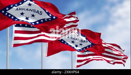 Bandiere dello stato dell'Arkansas che sventolano con le bandiere americane in una giornata limpida. rendering illustrazione 3d. Messa a fuoco selettiva. Tessuto ondulato Foto Stock