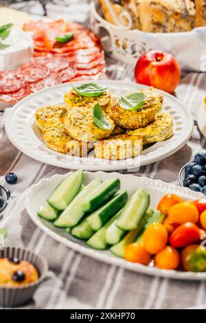 Picnic, antipasti e vassoio di formaggi e carne con muffin dolci e salati e frutta Foto Stock