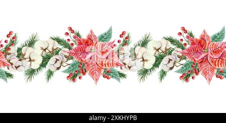 Bordo senza cuciture Poinsettia, cotone, bacche, rami di abete. Illustrazione ad acquerello disegnata a mano isolata su bianco. Natale, biglietti di auguri di Capodanno, c Foto Stock