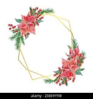 Cornice Poinsettia, oro. Rami di abete, bacche. Fiori di Natale. Illustrazione ad acquerello disegnata a mano isolata su bianco. Per i biglietti di auguri di Capodanno, io Foto Stock