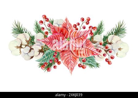 Poinsettia, cotone, rami di abete rosso, bacche. Fiori di Natale. Illustrazione ad acquerello disegnata a mano isolata su sfondo bianco. Per i biglietti di Capodanno, Foto Stock