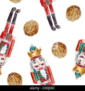 Motivo senza cuciture per lo schiaccianoci, dadi. Illustrazione ad acquerello disegnata a mano isolata su sfondo bianco. Per biglietti d'auguri di Natale, Capodanno, copertine, chiave Foto Stock