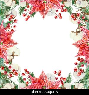 Cornice Poinsettia, quadrata. Rami di abete, cotone, bacche. Fiori di Natale. Illustrazione ad acquerello disegnata a mano isolata su bianco. Saluto di Capodanno CA Foto Stock