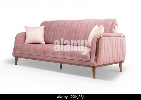 Splendida poltrona rosa con imbottitura morbida e struttura in legno, perfetta per qualsiasi casa elegante. Foto Stock