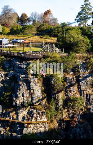 Una ragazza zipline attraversa la Graskop Gorge. Veduta della Gola di Graskop lungo la Panorama Route del Sud Africa nei Monti Drakensberg. Foto Stock