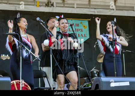 Māmā Mihirangi & The Māreikura, Māori culture, Vancouver Folk Music Festival, Vancouver, British Columbia, Canada Foto Stock