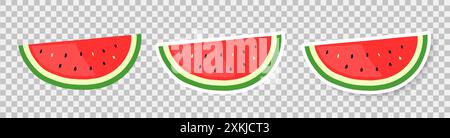 Una serie di fette di anguria su sfondo trasparente. Illustrazioni vettoriali piatte in stile cartoni animati. Illustrazione Vettoriale