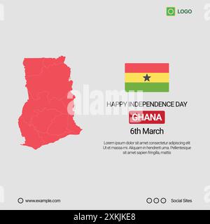 Banner social media del giorno dell'indipendenza del Ghana, design vettoriale modificabile con mappa e bandiera Illustrazione Vettoriale