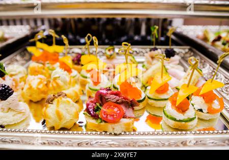 Vassoio in argento con tartine assortite, tra cui carne, formaggio e verdure per un'elegante presentazione di antipasti. Foto Stock