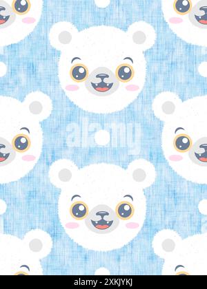 Motivo senza cuciture della testa di un orso polare con neve per i bambini. Modello di orso bianco kawaii per la festa dei bambini. Orsacchiotto. Foto Stock