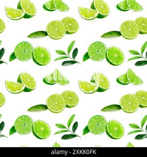 Il motivo acquerello presenta fette e foglie di lime, perfette per design freschi e agrumati Foto Stock