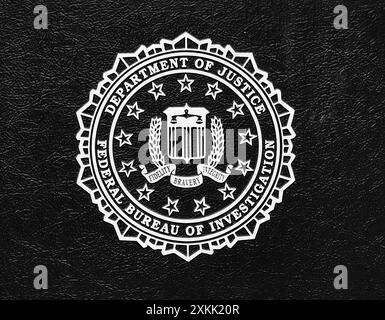 Il logo del Dipartimento di giustizia Federal Bureau of Investigation su un contrassegno storico ad Abingdon, Virginia Foto Stock