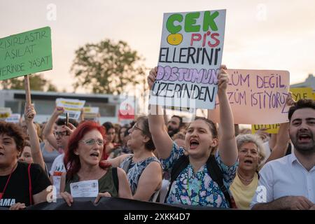 Istanbul, Turchia. 23 luglio 2024. Gli attivisti di destra animale hanno organizzato una manifestazione a Istanbul per protestare contro un disegno di legge redatto dal governo AKP del presidente Recep Tayyip Erdogan che mira a togliere i cani randagi dalle strade. I manifestanti temono che la legge comporti l'abbattimento di massa dei cani di strada, o l'eutanasia. Crediti: Ingrid Woudwijk/Alamy Live News Foto Stock