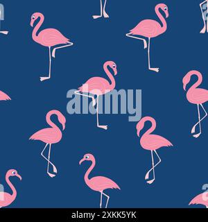 Fantasia vettoriale senza cuciture di fenicottero rosa su sfondo blu tropicale. Illustrazione vettoriale Illustrazione Vettoriale