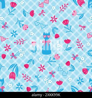 Grazioso motivo vettoriale senza cuciture con archi, nastri, gatti, fiori. Colori blu, viola e rosa. Illustrazione vettoriale Illustrazione Vettoriale