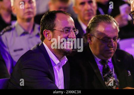 Limassol, Limassol, Cipro. 22 luglio 2024. Il Presidente di Cipro NIKOS CHRISTODOULIDES è visto durante la cerimonia, Limassol, Cipro, il 22 luglio 2024. La convention suprema della famiglia AHEPA (American Hellenic Educational Progressive Association) si sta svolgendo a Cipro, per commemorare il 50° anniversario dell'invasione turca, che ha portato all'occupazione del 37% dell'isola dal 1974. (Credit Image: © Kostas Pikoulas/ZUMA Press Wire) SOLO PER USO EDITORIALE! Non per USO commerciale! Foto Stock