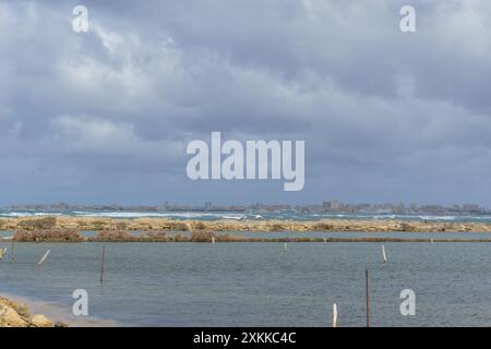 Riserva naturale delle Saline di Trapani con campi di sale in una mattinata nuvolosa con vista sulla città di Trapani, Contrada Nubia, Sicilia, Italia Foto Stock