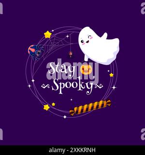 Cornice di Halloween con il fantasma kawaii per la notte horror natalizia, poster vettoriale. Divertente fantasma cartoni animati con calderone di zucca e trucco o dolcetto di Halloween Illustrazione Vettoriale