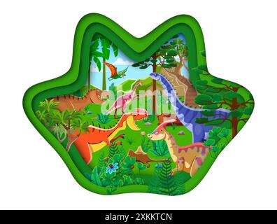 Striscione tagliato in carta con impronta di dinosauro preistorica. telaio vettoriale 3d a forma di impronta del piede della zampa dino con parasaurolophus, hypselosaurus, anchisaurus, tap Illustrazione Vettoriale