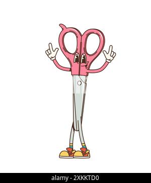 Il personaggio delle forbici da cartoni animati retrò trasuda vibrazioni giocose e divertenti con un vivace colore rosa ed un'espressione allegra. Scuola vettoriale isolata, ufficio S Illustrazione Vettoriale