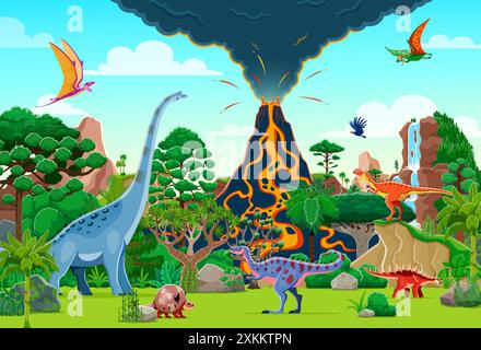 Vulcano con lava e paesaggio di dinosauri preistorici. Scena dell'era giurassica vettoriale con eruzione vulcanica, circondata da vegetazione lussureggiante e animali dinosauri Illustrazione Vettoriale
