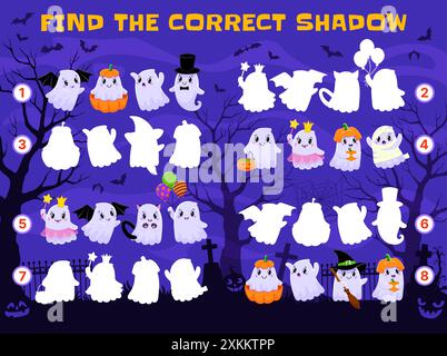 Trova l'ombra corretta dei fantasmi kawaii di Halloween sul cimitero. Foglio di lavoro del gioco vettoriale per bambini con carini personaggi del cartone animato che spaventano l'educazione logica per i bambini Illustrazione Vettoriale
