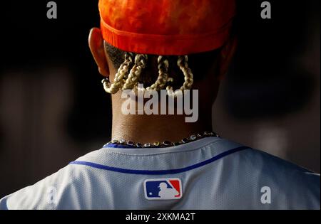 Bronx, Stati Uniti. 23 luglio 2024. I New York Mets Francisco Lindor si trova nel quinto inning contro i New York Yankees allo Yankee Stadium martedì 23 luglio 2024 a New York City. Foto di John Angelillo/UPI credito: UPI/Alamy Live News Foto Stock