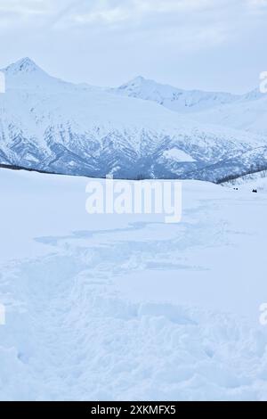 Cammina attraverso la neve profonda in una fredda e nuvolosa giornata invernale vicino a Castner Cave in Alaska. Foto Stock