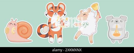 Animali carini che suonano strumenti musicali messi isolati sullo sfondo. Illustrazione vettoriale contemporanea di lumaca kawaii, tigre, pecore, canti di cani, adesivi per il design di striscioni per scuole materne Illustrazione Vettoriale