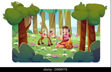 Donna con alberi ed erba foresta natura paesaggio. Parco estivo verde con fiori. Ragazza seduta all'aperto su una glade con il cervo e lo scoiattolo. Illustrazione del design ambientale del turismo ecologico Illustrazione Vettoriale