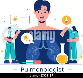 Illustrazione del vettore polmonogeno con medico polmonare, polmoni, esame del sistema respiratorio e trattamento su sfondo di cartone animato piatto Illustrazione Vettoriale