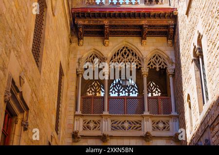 Vista verso l'alto che mostra intricati dettagli di architettura gotica a Barcellona, enfatizzando gli elementi decorativi e l'artigianato artistico della storica città Foto Stock