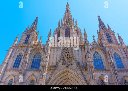 Barcellona, Spagna - 16 luglio 2024: Intricate facciate e guglie della cattedrale gotica di Barcellona. Foto Stock